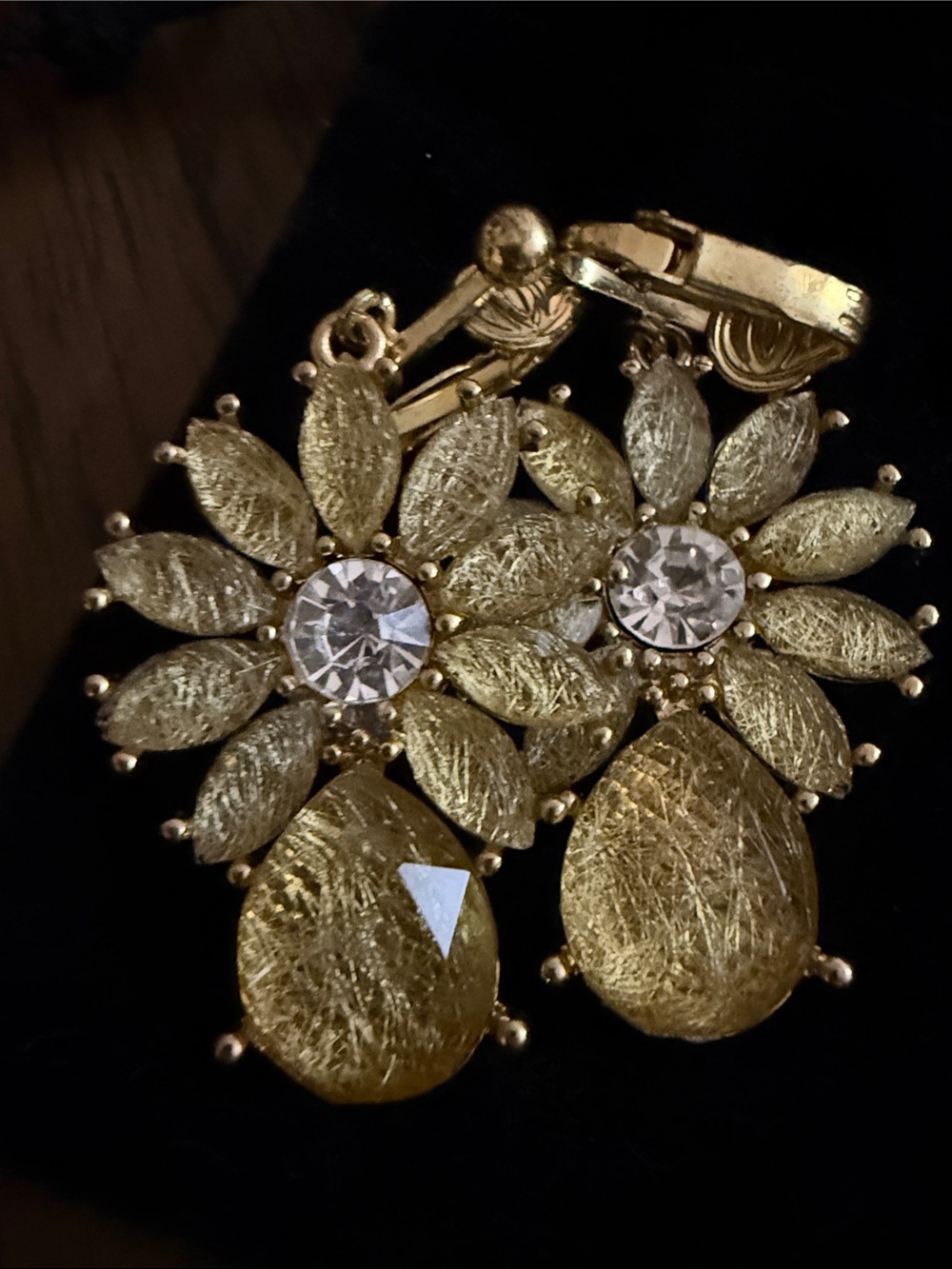 Gold Floral Drop clip-on Earrings with Clear Crystal Centers - Women Jewelry